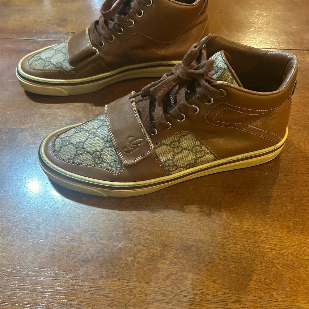 Gucci GG Monogram High Top Sneakers Mens Brown Web Stripe Lace-Up 8.5